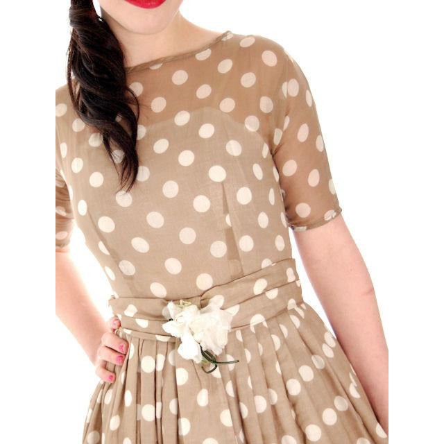VTG 50s Taupe Polka Dot Sheer Cotton Dress COTTAGECORE MAD MEN Garden Party XS Women's,New Arrivals The Best Vintage Clothing