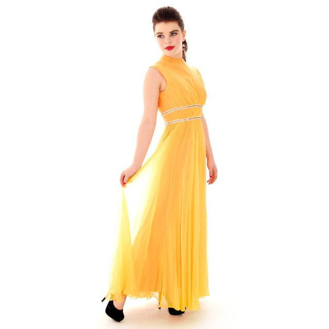 Vintage Yellow Silk Chiffon Maxi Evening Gown Modern Couture 1970s Small Women's,New Arrivals The Best Vintage Clothing