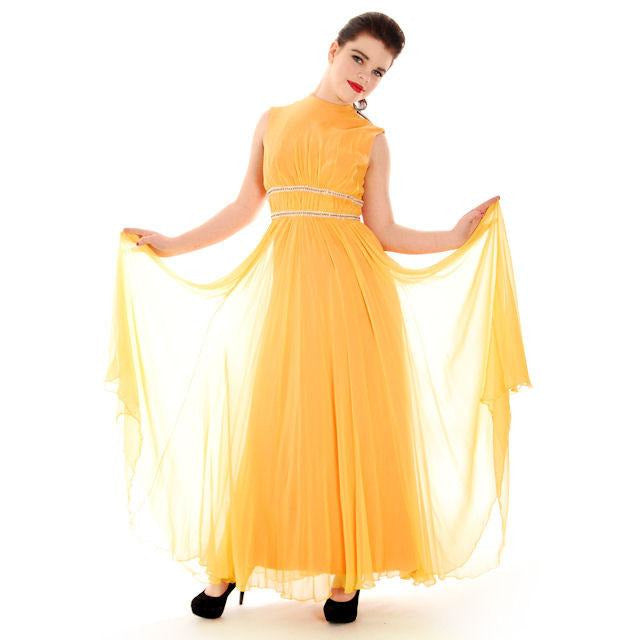 Vintage Yellow Silk Chiffon Maxi Evening Gown Modern Couture 1970s Small Women's,New Arrivals The Best Vintage Clothing