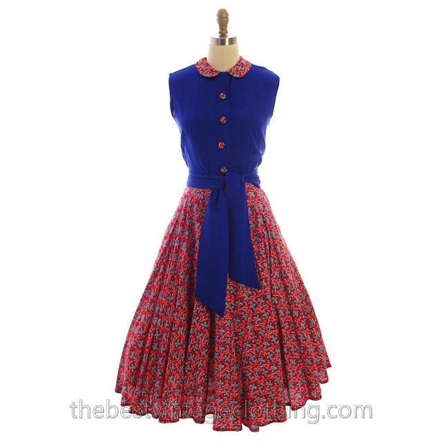 Vintage 2 PC Suit Skirt & Blouse Royal Blue & Red Print Linen Circle Skirt 1950s Women's,New Arrivals The Best Vintage Clothing