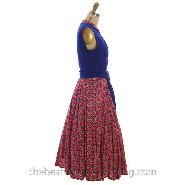 Vintage 2 PC Suit Skirt & Blouse Royal Blue & Red Print Linen Circle Skirt 1950s Women's,New Arrivals The Best Vintage Clothing