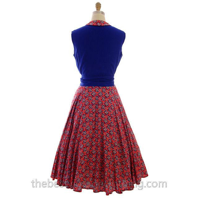 Vintage 2 PC Suit Skirt & Blouse Royal Blue & Red Print Linen Circle Skirt 1950s Women's,New Arrivals The Best Vintage Clothing