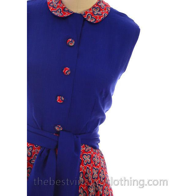 Vintage 2 PC Suit Skirt & Blouse Royal Blue & Red Print Linen Circle Skirt 1950s Women's,New Arrivals The Best Vintage Clothing