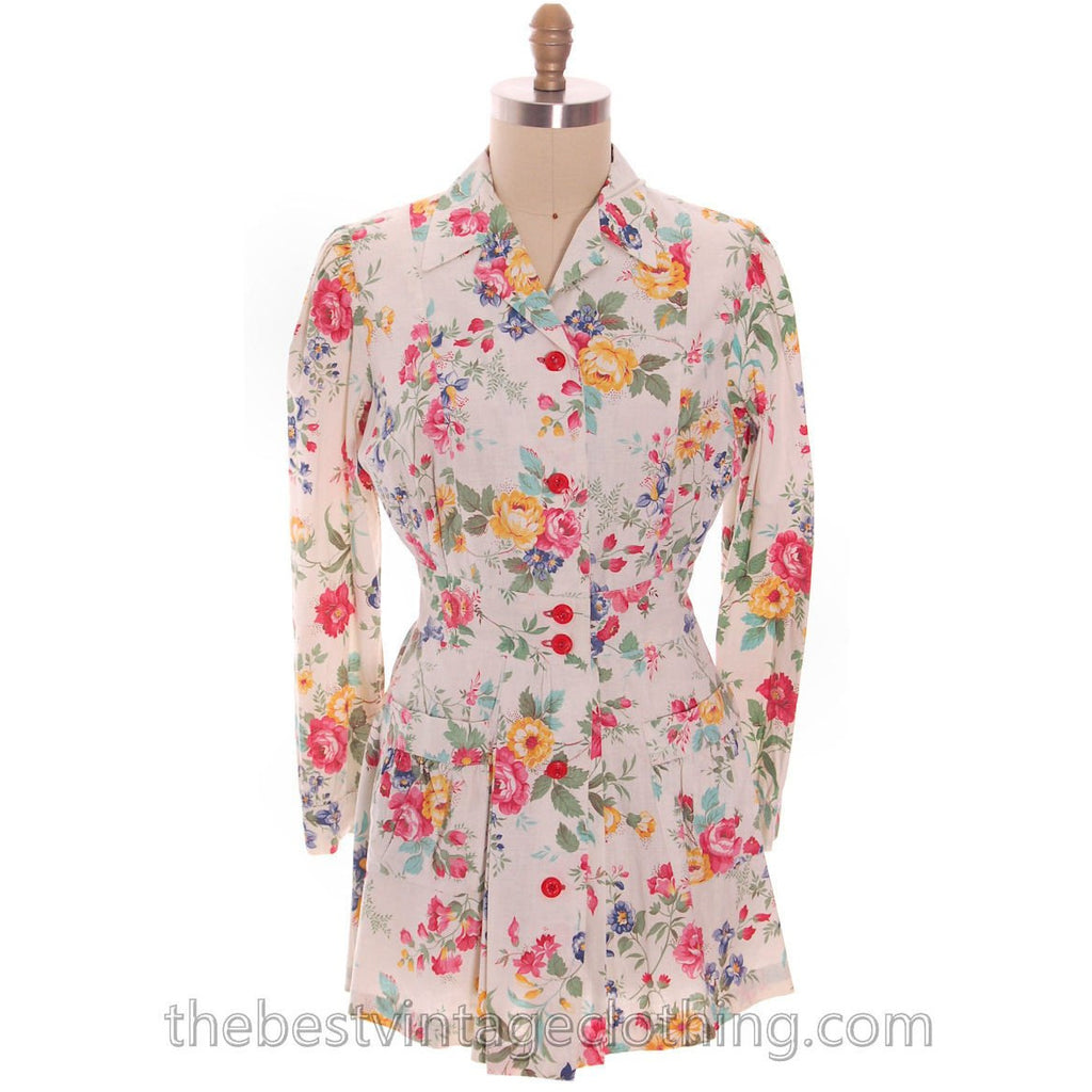 Vintage Cotton Smock Housewife Floral Roses Polished Cotton Blouse I Love Lucy 1950s M-L tops The Best Vintage Clothing