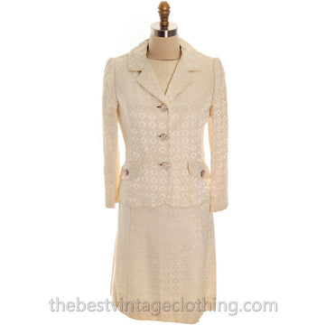 Vintage 1970s Ivory Brocade Suit Dress Lord & Taylor Rhinestone Buttons - The Best Vintage Clothing
 - 1