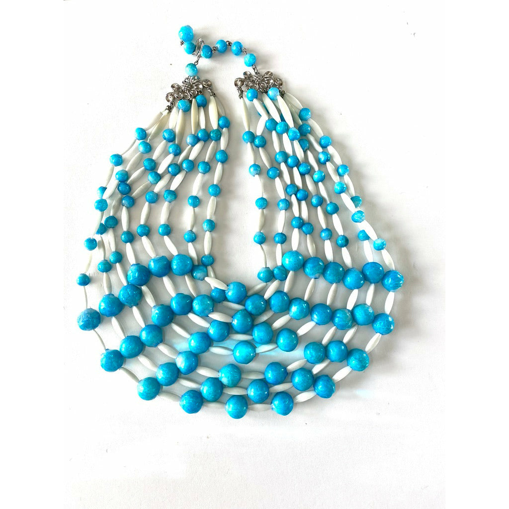 Schiaparelli Vintage Bib Necklace 8 Strands Turquoise White 1950s Plastic Stunning Designer necklace The Best Vintage Clothing