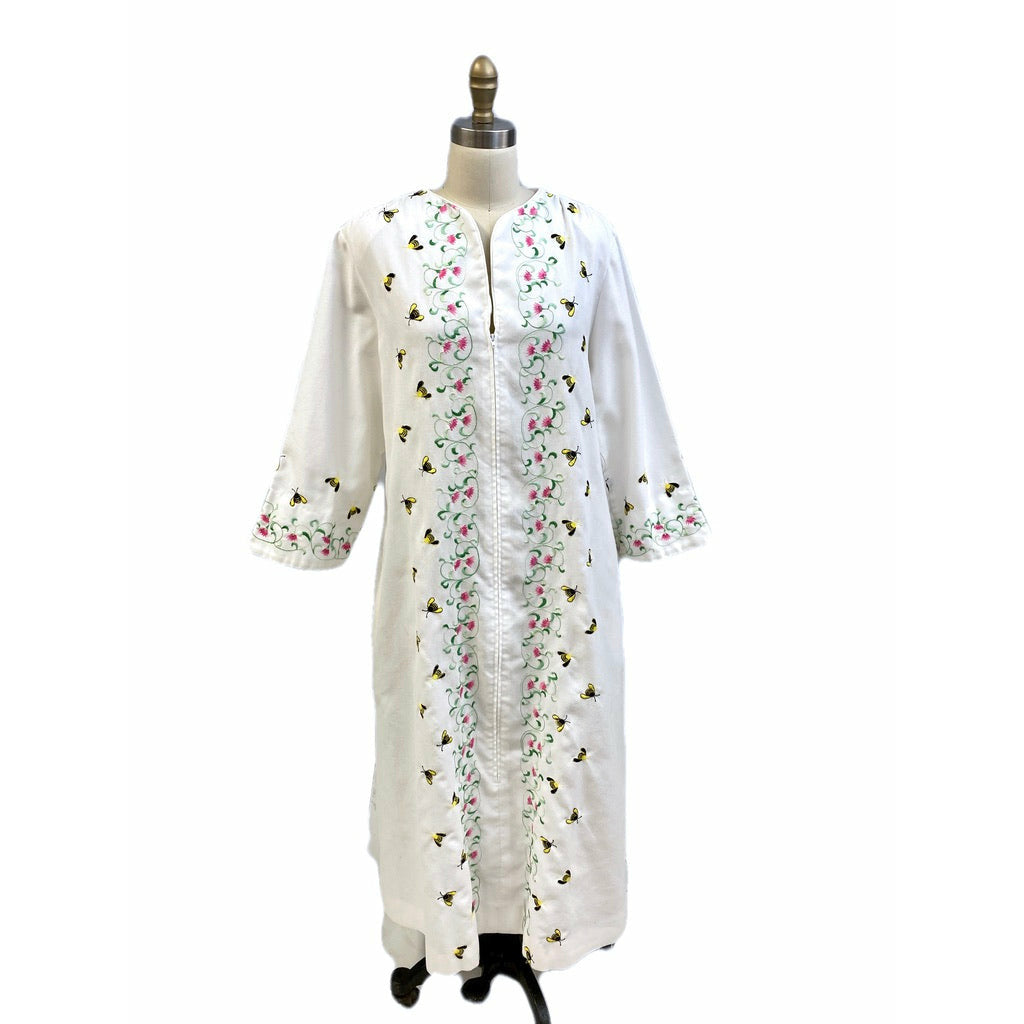 Vintage Flo Weinberg "Bees" Zip Up Robe 1970s M/L White Poly Cotton Robes The Best Vintage Clothing