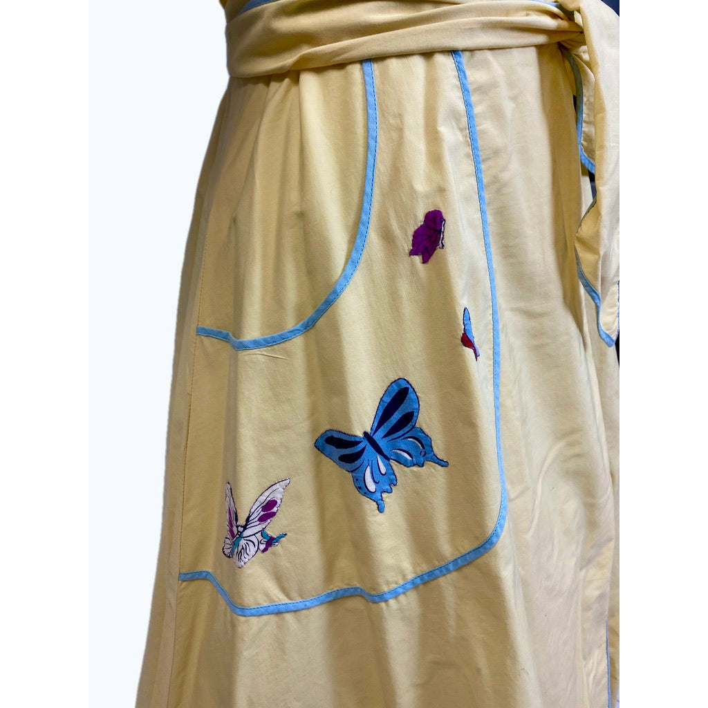 Vintage 1940s Yellow Cotton Wrap Robe Housecoat Blue Butterfly Applique M Robes The Best Vintage Clothing