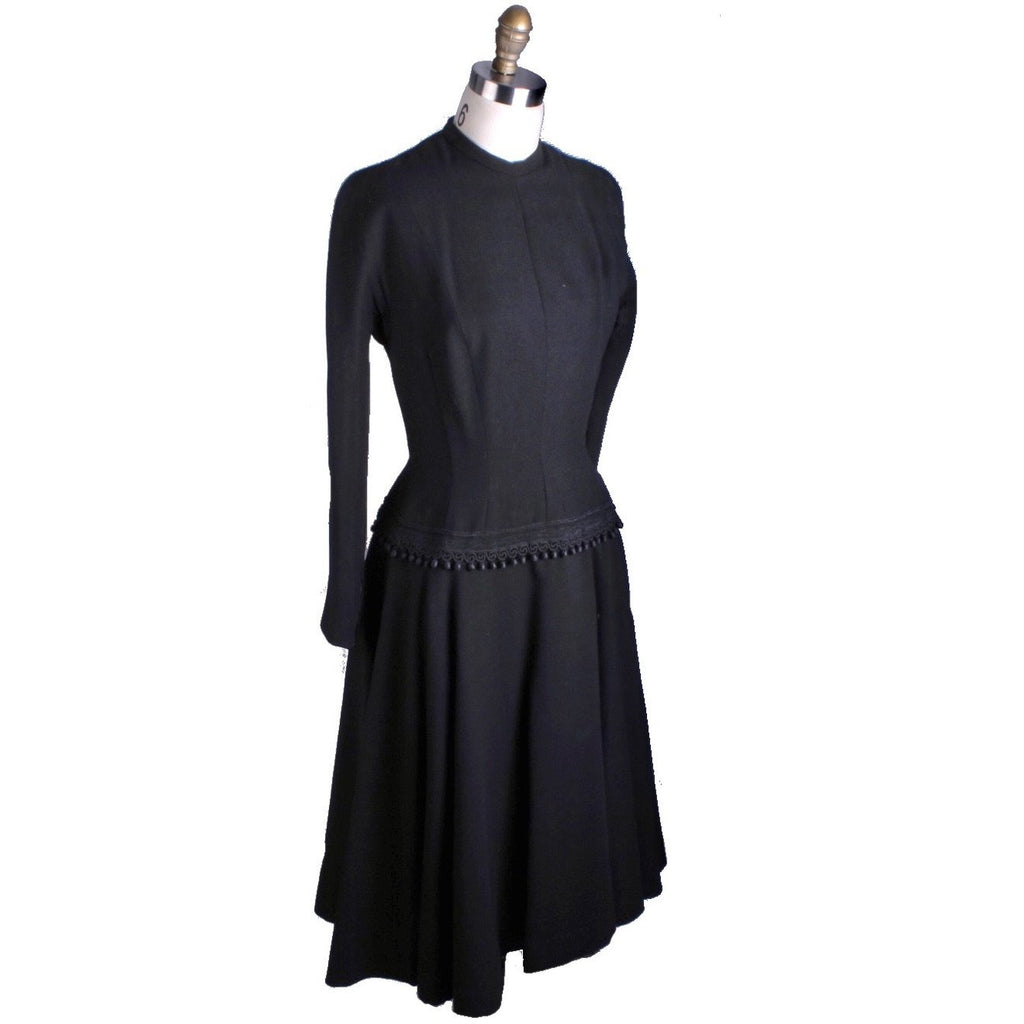 VTG Black Late 1940s Dress With Corde Ball Fringe Hip Detail LBD Wool New Look Womens S/M Dress The Best Vintage Clothing