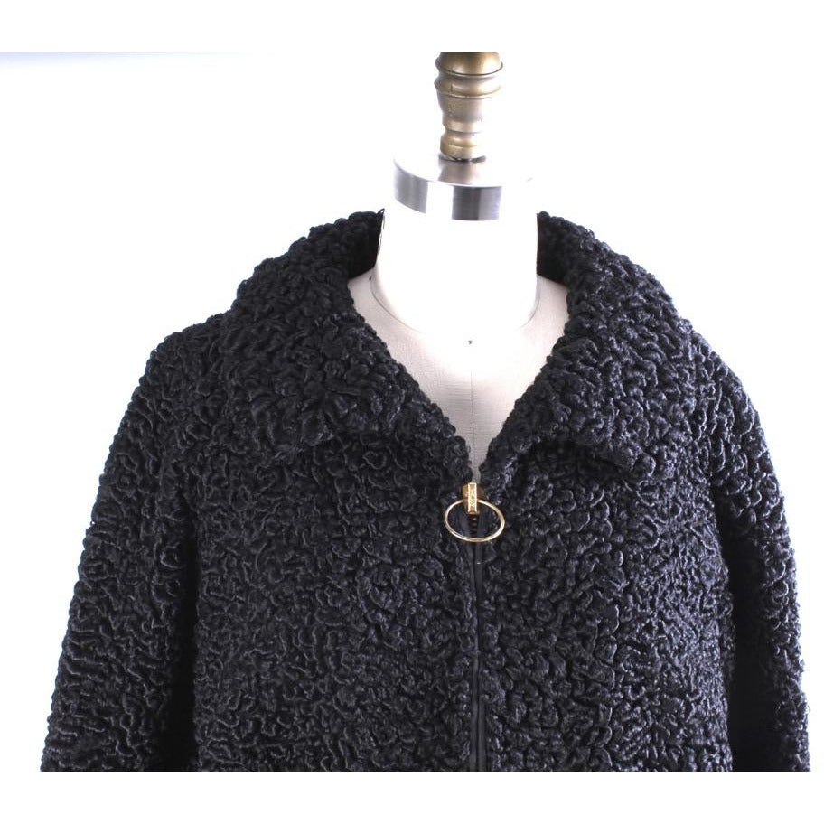 Vintage Schiaparelli Black Persian Lamb Jacket Coat Womens L XL Zip Front Red Lining coat The Best Vintage Clothing