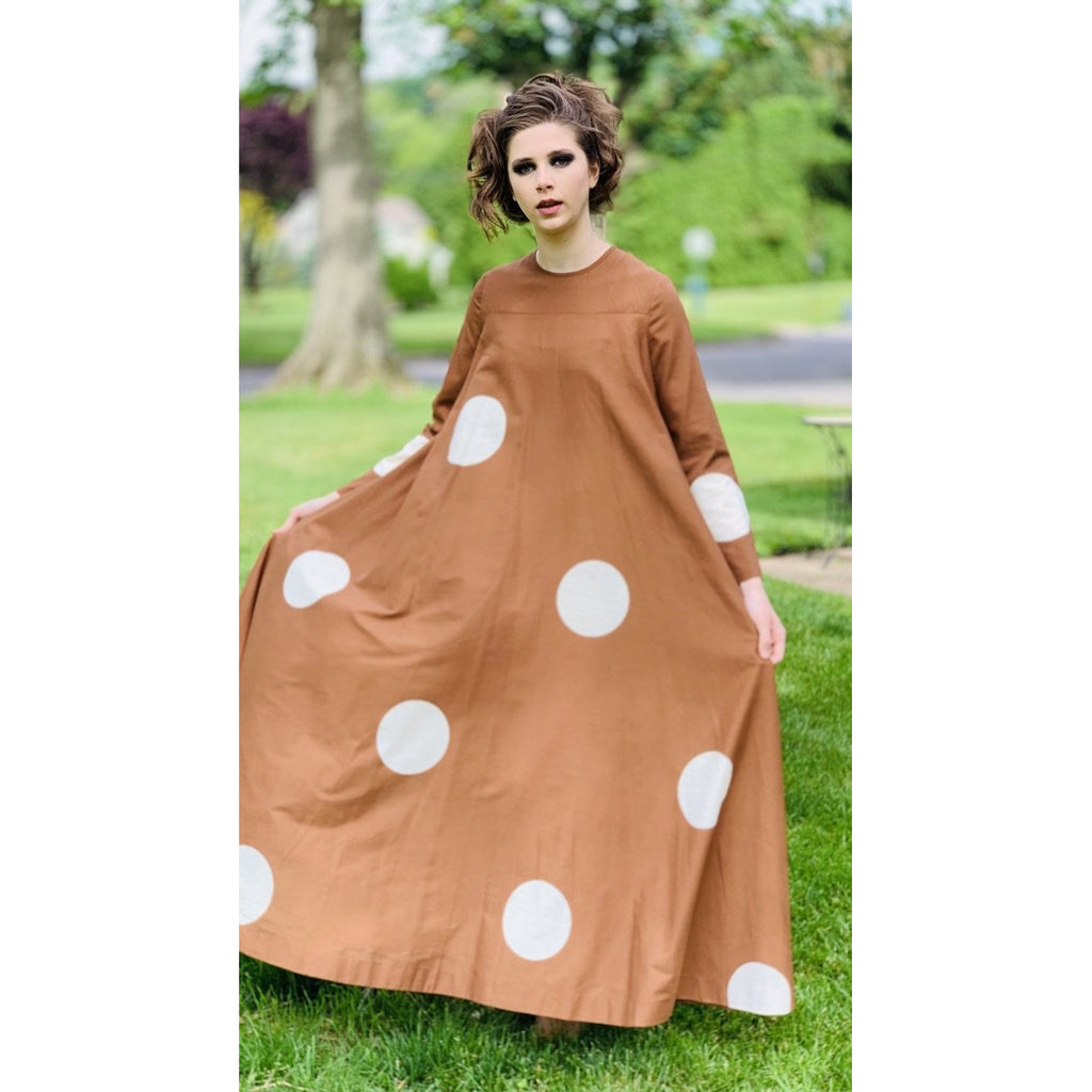Vuokko 1970 Pallo Annika RImala Vintage Tent Gown Cotton Brown and White Polka Dot Sz 38 marimekko The Best Vintage Clothing