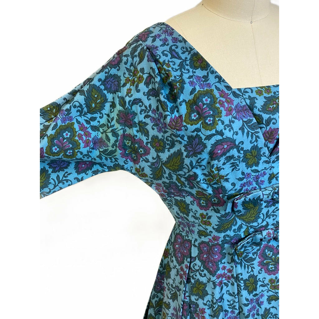 VTG R&K Original Dress 50s Polished Cotton Day/Party Blue Floral M/L Wide Waist Dresses The Best Vintage Clothing