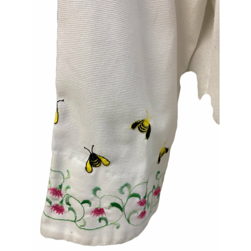 Vintage Flo Weinberg "Bees" Zip Up Robe 1970s M/L White Poly Cotton Robes The Best Vintage Clothing