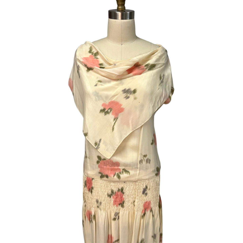 Vintage Printed Silk Watercolor Smocked Waist Tea Dress 1920s Rare Find 35-33-40 Women's,New Arrivals The Best Vintage Clothing