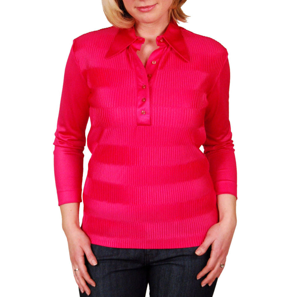 VTG 1970s Kay Silver Fuchsia Rib Knit Acetate Blouse Canada Collared Button Front Sz 10 On Sale,Women's The Best Vintage Clothing