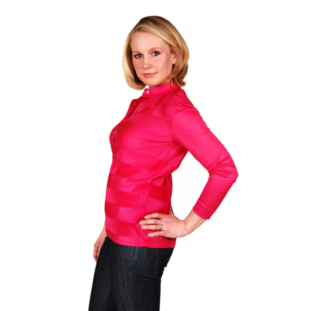 VTG 1970s Kay Silver Fuchsia Rib Knit Acetate Blouse Canada Collared Button Front Sz 10 On Sale,Women's The Best Vintage Clothing