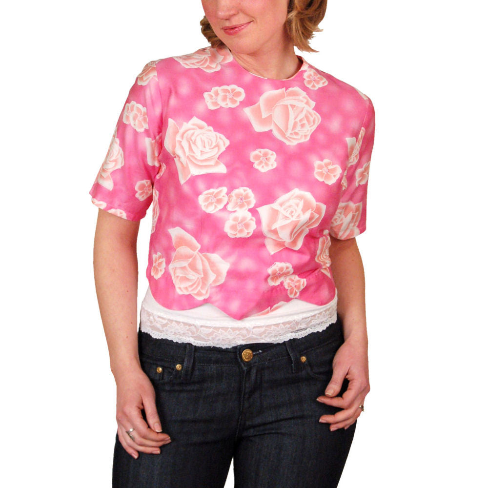 VTG 50s Hong Kong Pink Cotton Blouse Rose Print Scalloped Hem 39 Bust On Sale,Women's The Best Vintage Clothing