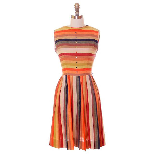 Vintage 1950s Cotton Day Dress Autumn Tone Stripes Jack Borgenicht 34-25-Free Women's The Best Vintage Clothing