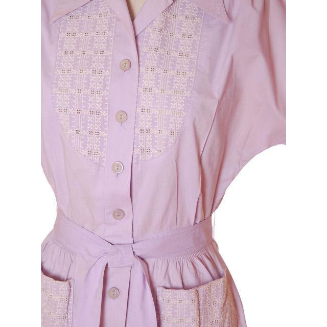 Vintage Lavender Cotton House Dress 1940s Nice Details 38-26-42 Women's The Best Vintage Clothing