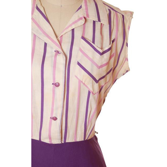 Vintage House Dress Purple/Stripes 1940s 43-30-48 Women's,On Sale The Best Vintage Clothing