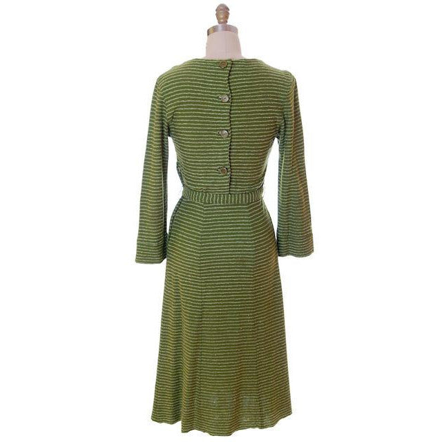 Vintage Green Striped Wool Knit Dress 1940s Sacony 32-25-36 Women's The Best Vintage Clothing