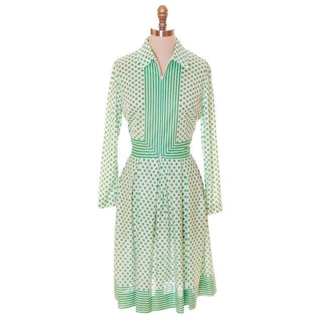 Vintage Geometric Print Dress Green & White Nancy Greer 1970s 38-27-FREE - The Best Vintage Clothing
 - 1