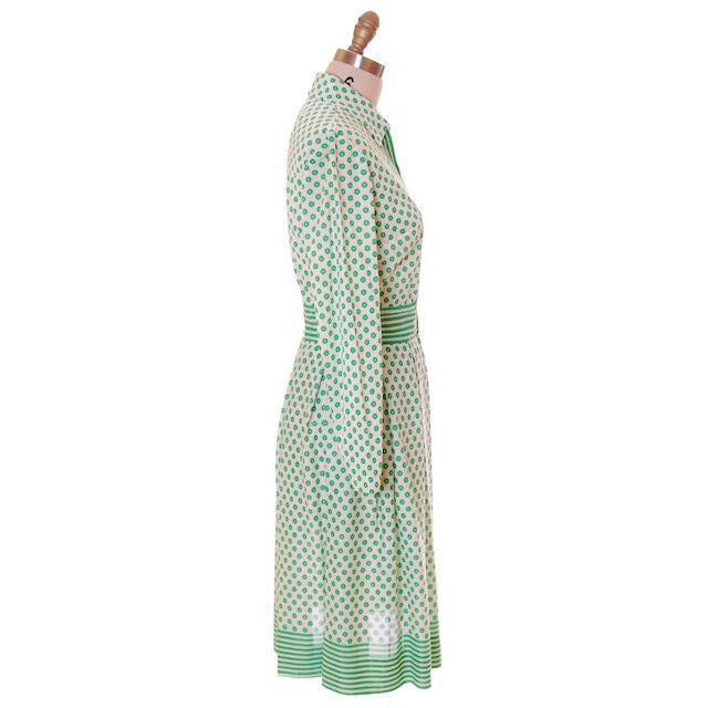 Vintage Geometric Print Dress Green & White Nancy Greer 1970s 38-27-FREE Women's The Best Vintage Clothing