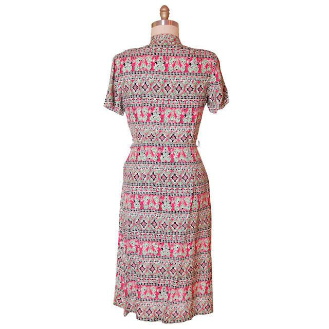 Vintage Rayon Print Dress Red & Green 1940s Smart Set 41-30-45 Women's Smart Set