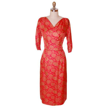 Vintage Red & Gold  Print SIlk Dress R&K Original 1950s  36-28-41 - The Best Vintage Clothing
 - 1