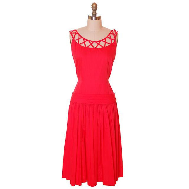 Vintage Red Cotton Dropped Waist Dress 1950s Nice Details 36-30-37 Women's,New Arrivals The Best Vintage Clothing