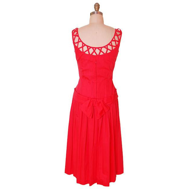 VTG 1950s Red Cotton Dropped Waist Princess Dress Full Skirt Rockabilly M Women's,New Arrivals The Best Vintage Clothing