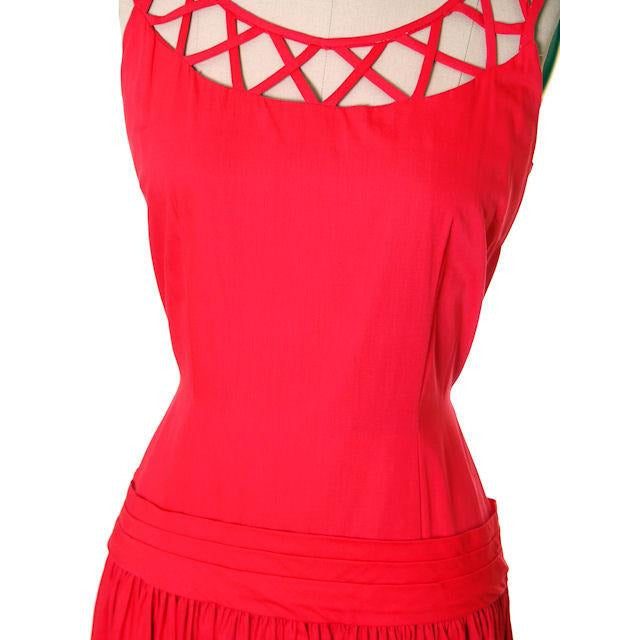 VTG 1950s Red Cotton Dropped Waist Princess Dress Full Skirt Rockabilly M Women's,New Arrivals The Best Vintage Clothing