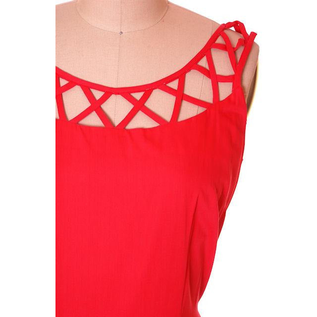 VTG 1950s Red Cotton Dropped Waist Princess Dress Full Skirt Rockabilly M Women's,New Arrivals The Best Vintage Clothing