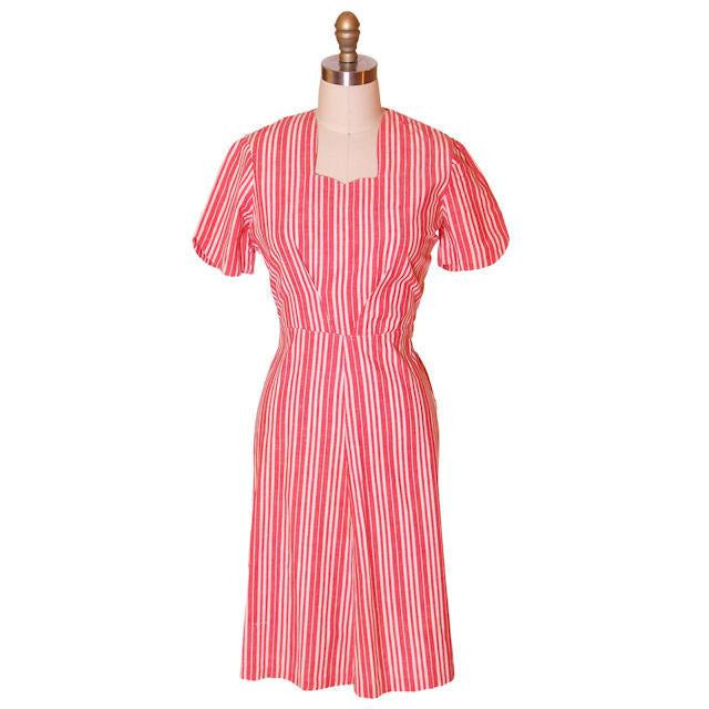 Vintage Cotton Printed House Dress Frock Red Stripes Early 1940s 40-30-40 Women's The Best Vintage Clothing