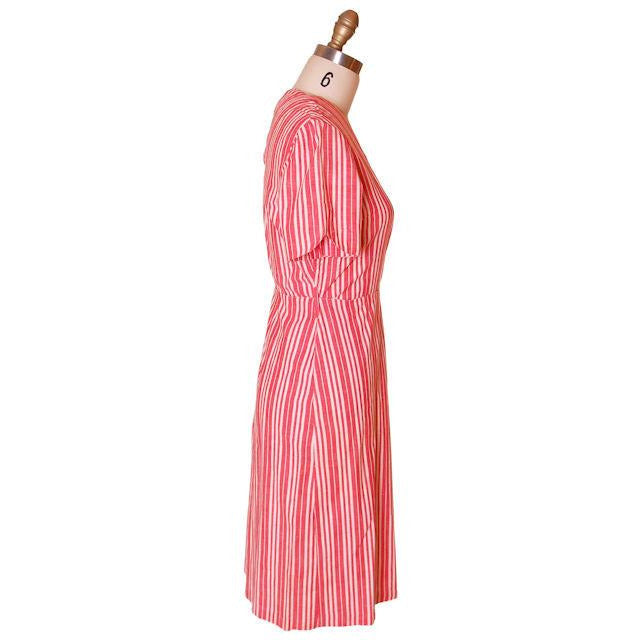 Vintage Cotton Printed House Dress Frock Red Stripes Early 1940s 40-30-40 Women's The Best Vintage Clothing