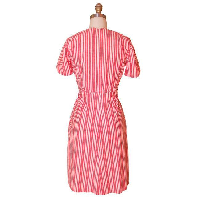 Vintage Cotton Printed House Dress Frock Red Stripes Early 1940s 40-30-40 Women's The Best Vintage Clothing
