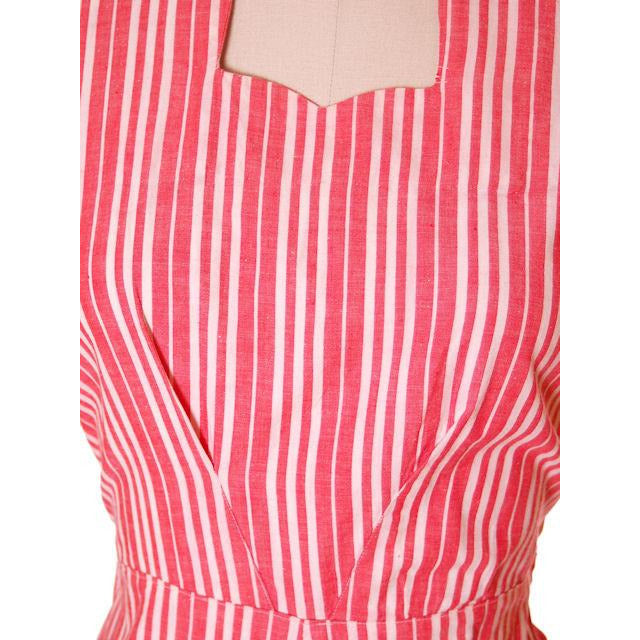 Vintage Cotton Printed House Dress Frock Red Stripes Early 1940s 40-30-40 Women's The Best Vintage Clothing