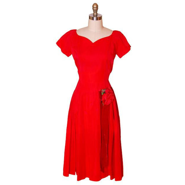 Vintage MCM Red Rayon Satin Party Dress Gay Gibson 1950s 35-28-Free Women's Gay Gibson