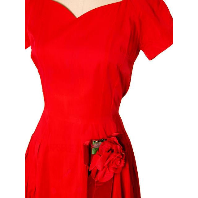 Vintage MCM Red Rayon Satin Party Dress Gay Gibson 1950s 35-28-Free Women's Gay Gibson