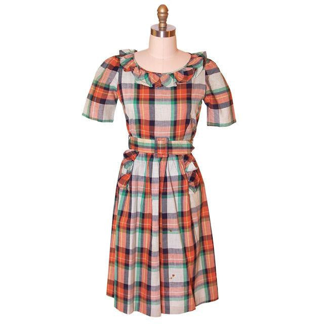 Vintage Cotton House Dress Frock Green Plaid WW2 1940s 35-28-46 S/M Guernsey Women's The Best Vintage Clothing