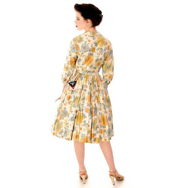 Vintage Shirtwaist Dress Polished Cotton Pretty Pastels Jo White 1950S NOS 40-28-Free New Arrivals Jo White