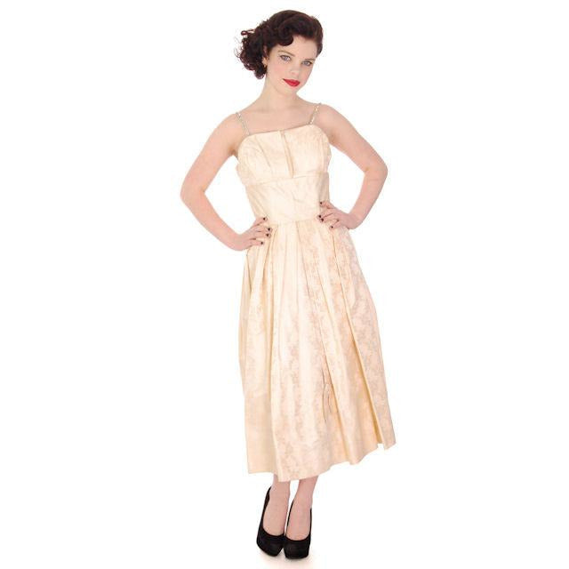 Vintage Silk CandlelightDamask Cocktail Dress 1950S Rhinestone Straps 36-26-Free Cart2cart The Best Vintage Clothing