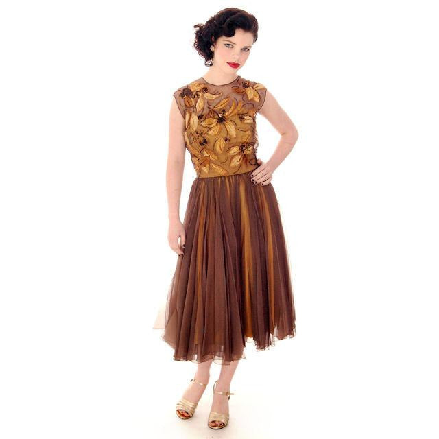 Vintage Brown Silk Chiffon Beaded Cocktail Dress Harvey Berin 1950S 34-24-Free New Arrivals,Women's Harvey Berin