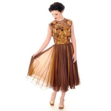 Vintage Brown Silk Chiffon Beaded Cocktail Dress Harvey Berin 1950S 34-24-Free - The Best Vintage Clothing
 - 1