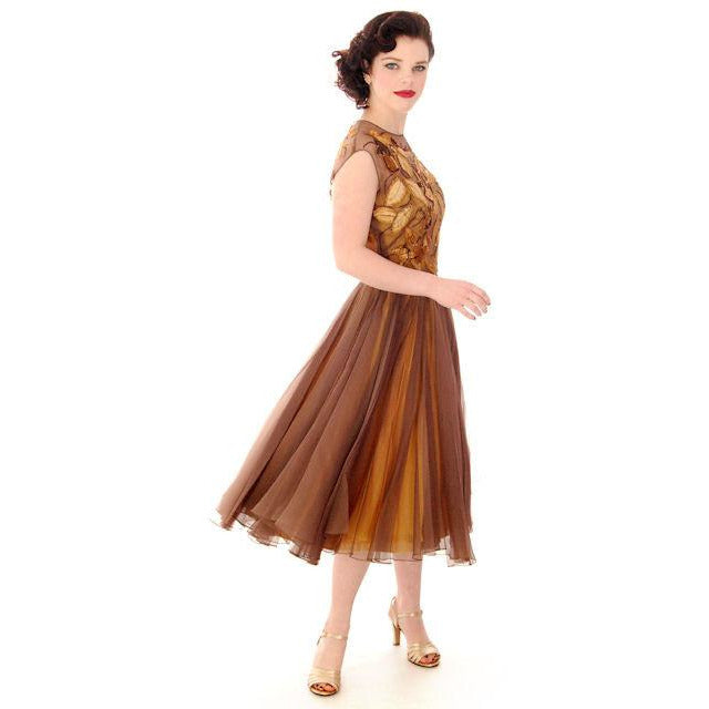 Vintage Brown Silk Chiffon Beaded Cocktail Dress Harvey Berin 1950S 34-24-Free New Arrivals,Women's Harvey Berin