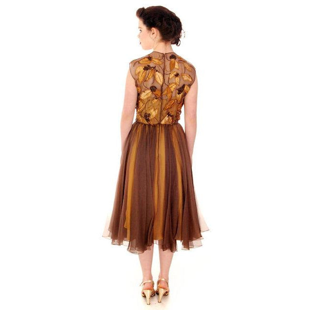 Vintage Brown Silk Chiffon Beaded Cocktail Dress Harvey Berin 1950S 34-24-Free New Arrivals,Women's Harvey Berin