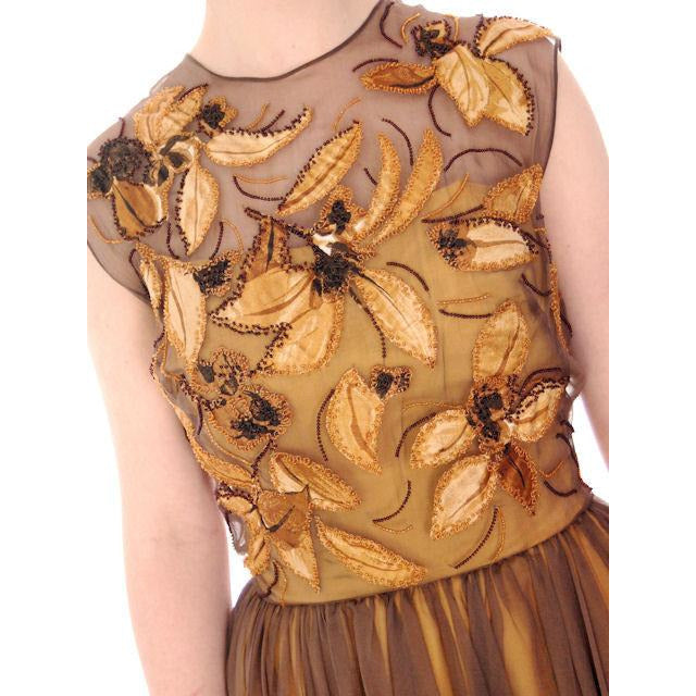 Vintage Brown Silk Chiffon Beaded Cocktail Dress Harvey Berin 1950S 34-24-Free New Arrivals,Women's Harvey Berin