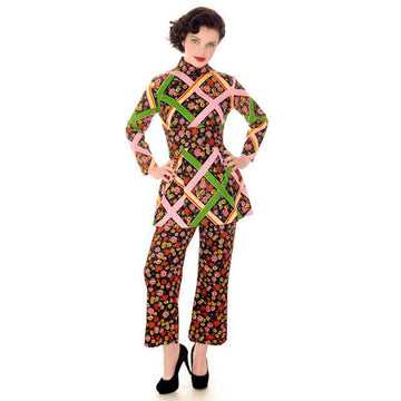 Vintage Pantsuit Polyester Black & Bright Print 1970s S-M Women's,New Arrivals vendor-unknown