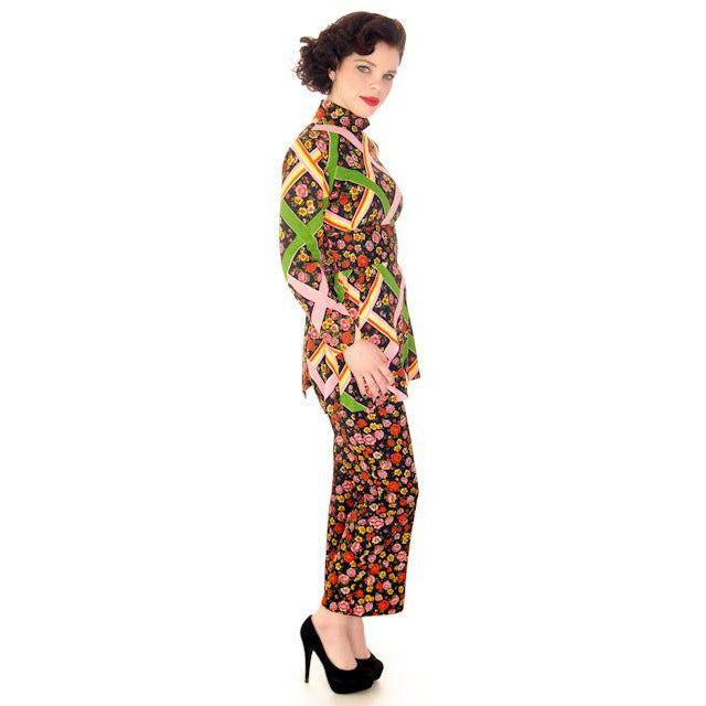 Vintage Pantsuit Polyester Black & Bright Print 1970s S-M Women's,New Arrivals vendor-unknown