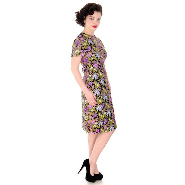 Vintage Linen Day Dress Black Purple/Green Print 1970S 38-31-42 Cart2cart The Best Vintage Clothing